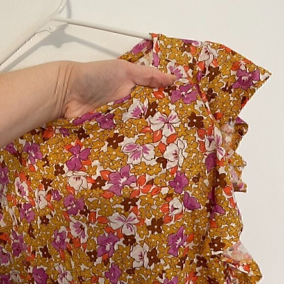 ANN TAYLOR Floral Linen Flutter Sleeve Tee White Mustard Pink Short Sleeve Top S - Picture 6 of 12
